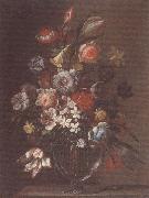 unknow artist Still life of carnations,tulips,roses and daffodils,in a glass vase,upon a table-top painting